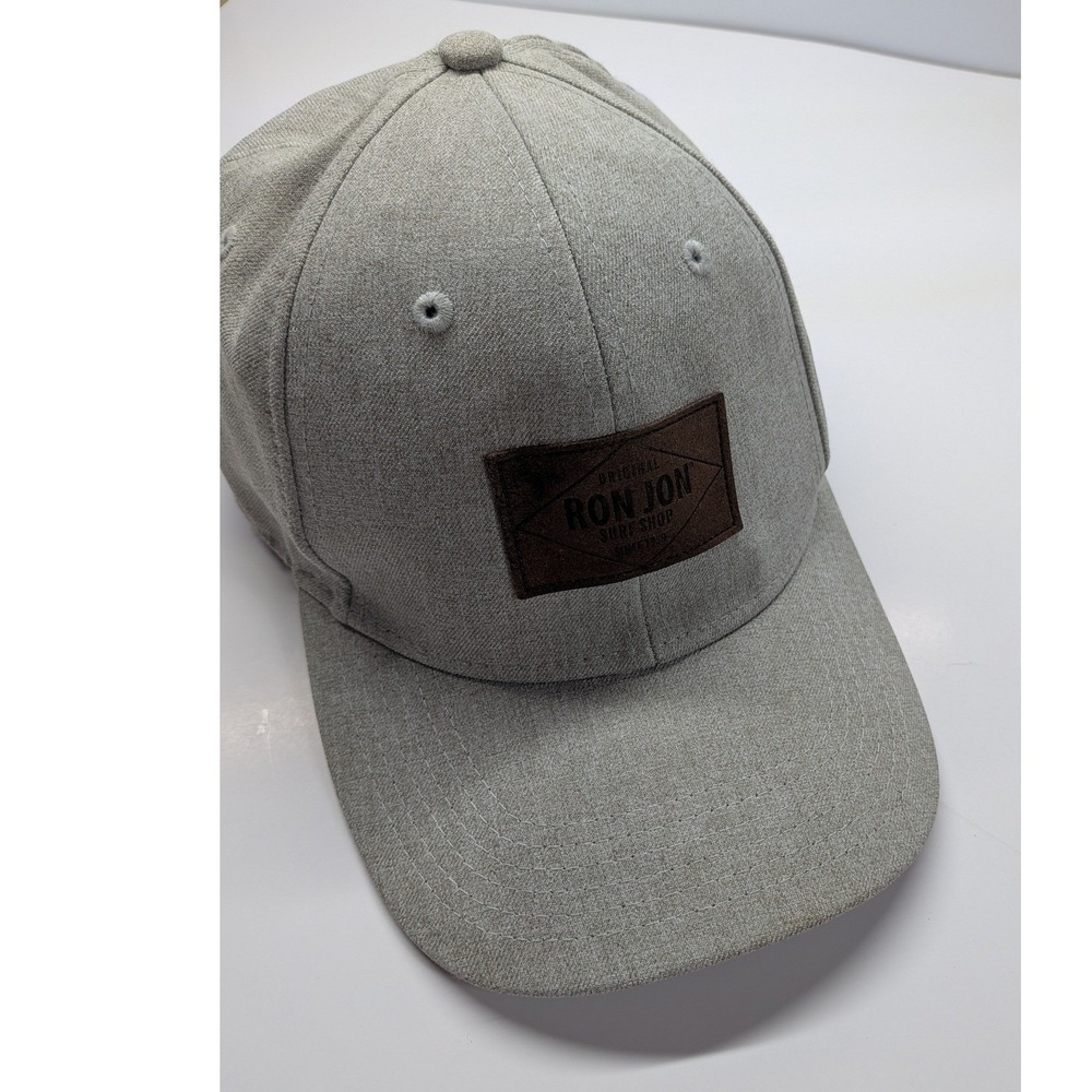 Ron Jon Surf Shop Gray Heathered Baseball Cap Hat Brown Faux Leather Patch L XL